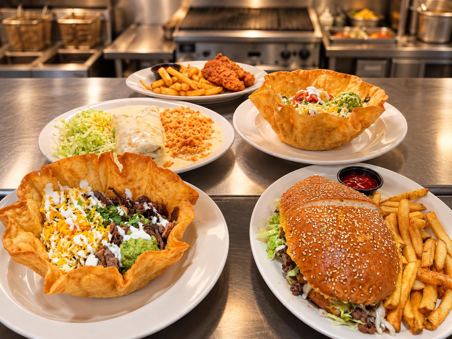 Kitchen spread of two taco salad bowls, a smothered burrito with rice, chicken tenders with fries and a burger with fries