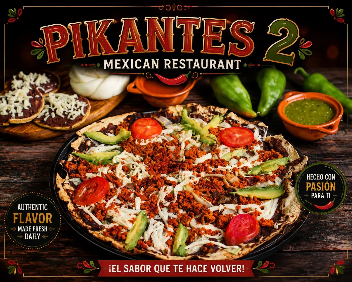 Pikante's tlayuda topped with chorizo, cheese, avocado and tomato beside salsa verde and sopes