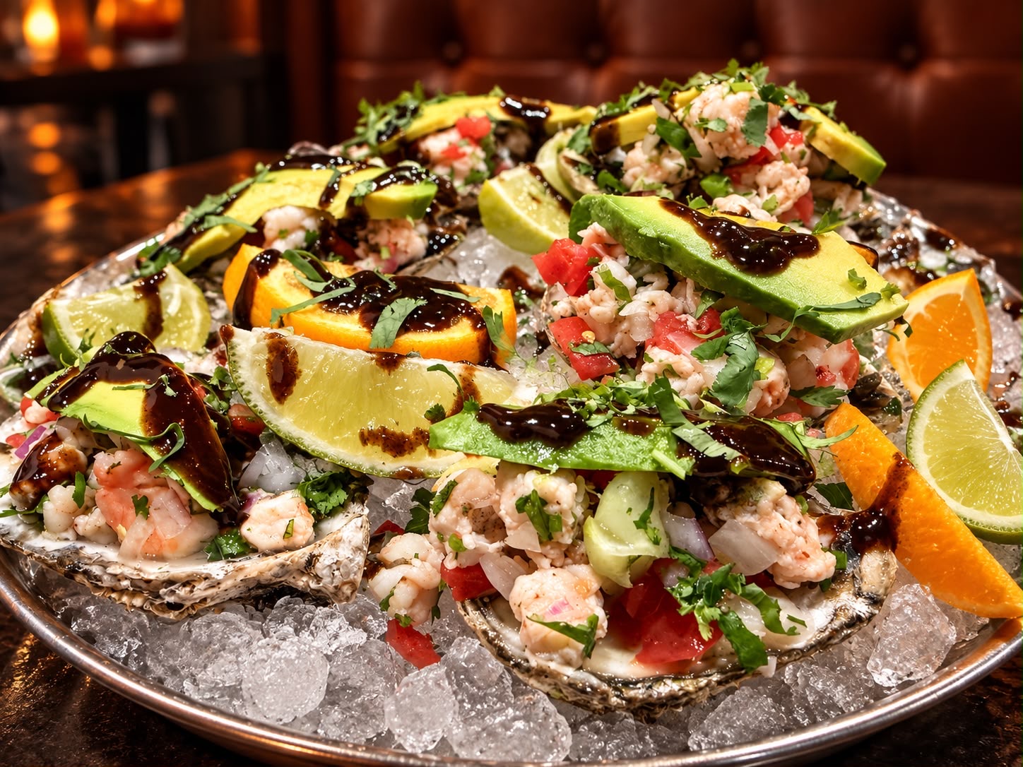 Iced platter of oysters topped with shrimp ceviche, avocado and salsa negra with lime and orange